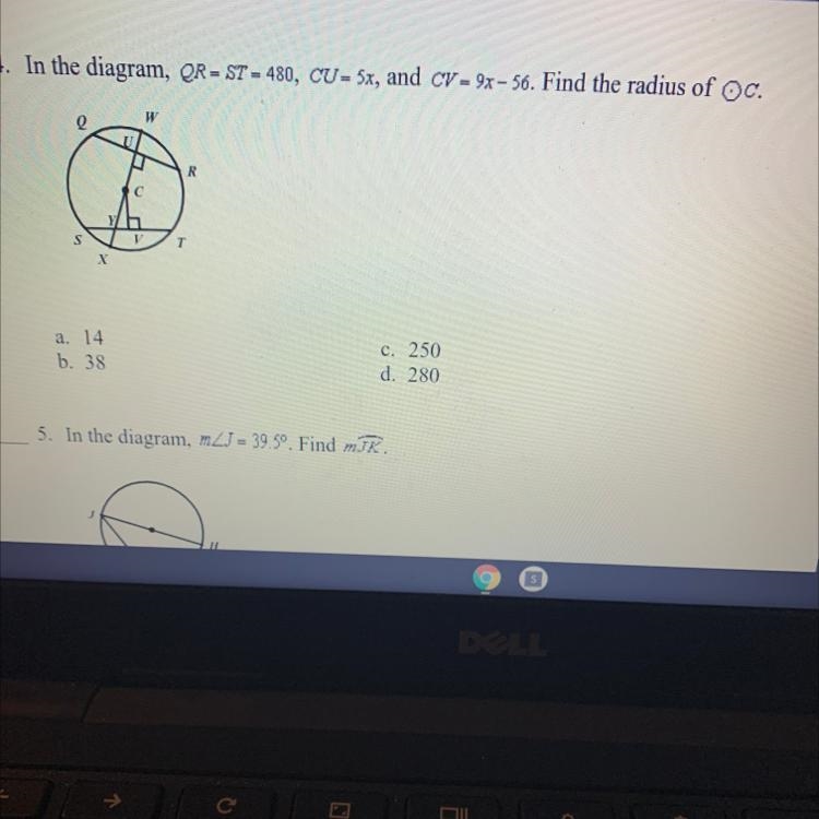 In the diagram, QR=ST=480, CU=5x, and CV=9x-56. Find the radius of circle C-example-1