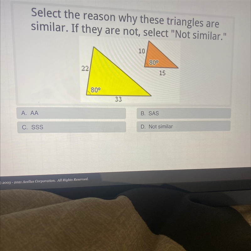 HELP! Select the reason why these triangles are similar. If they are not, select &quot-example-1