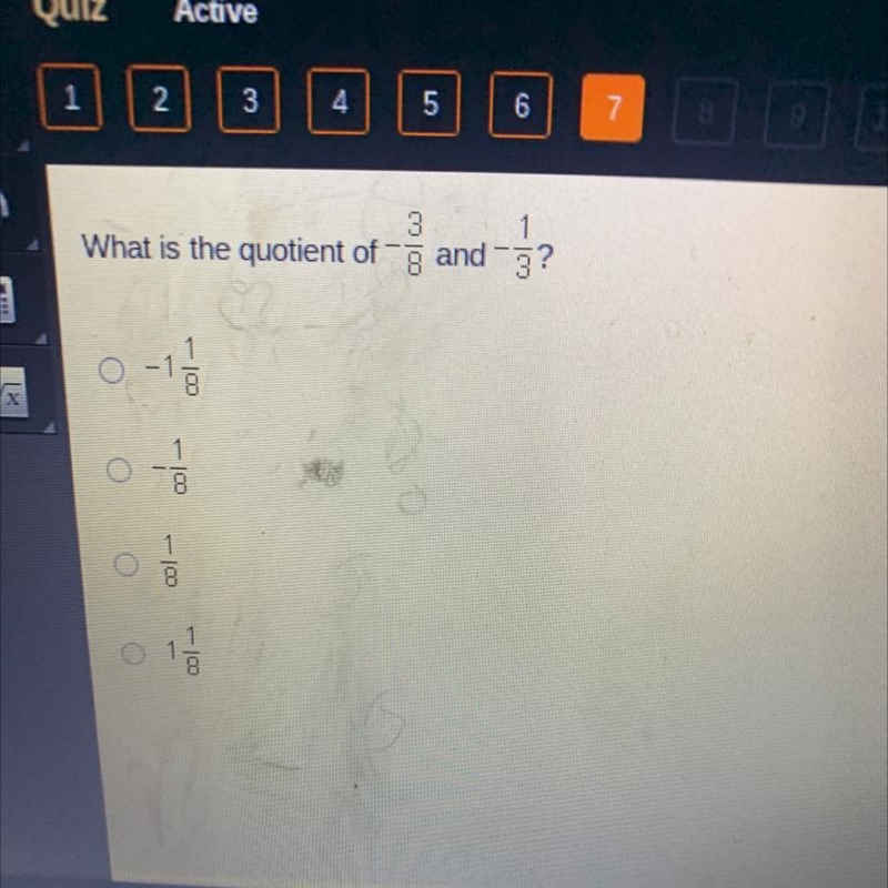 3 What is the quotient of -3/8 and -1/3-example-1