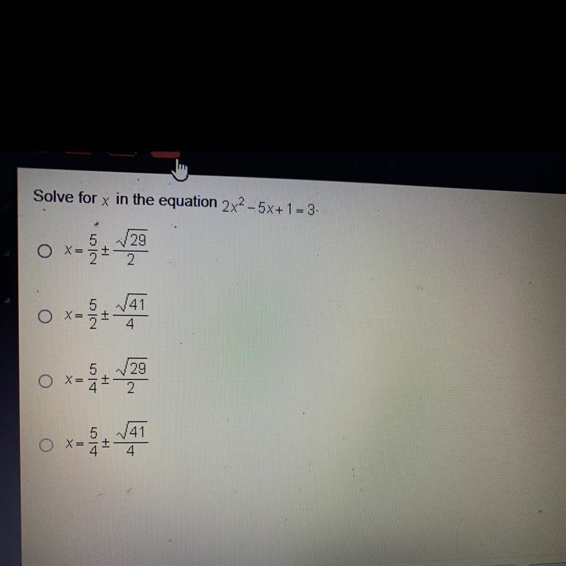 Solve for x in the equation 2x2–5x+ 1 = 3.-example-1