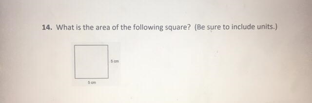 What is the area of the following square? (Be sure to include units.) 5 cm 5 cm-example-1