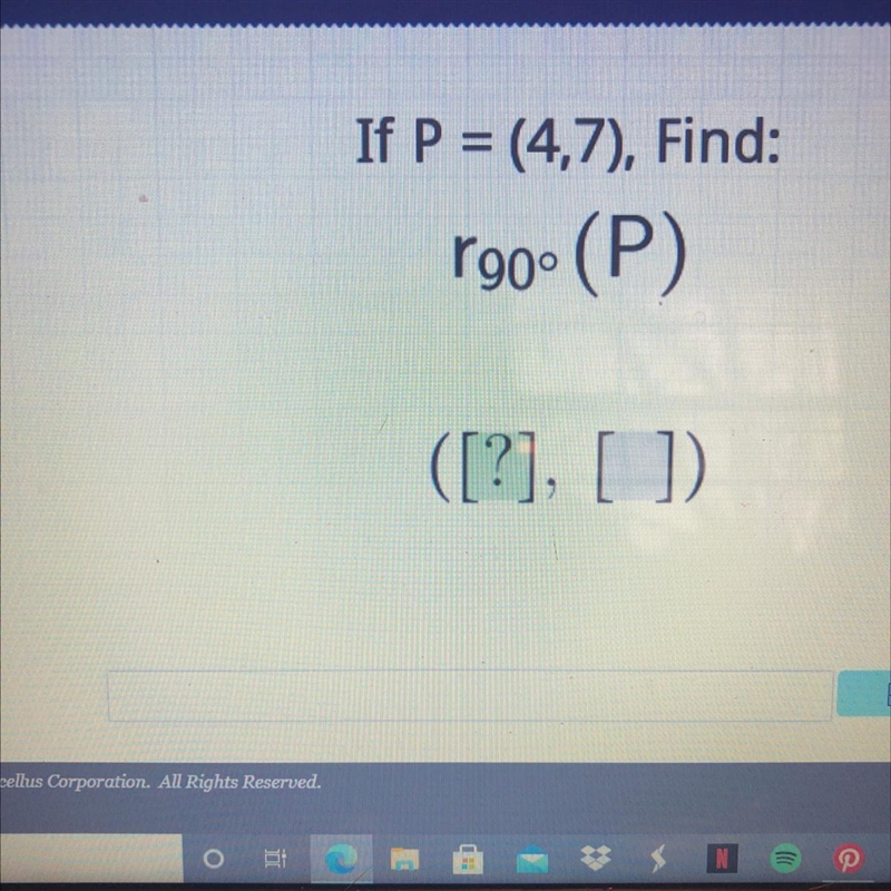 Intro to Rotations If P = (4,7), Find: r190°(P) ([?], []) Exam-please don’t answer-example-1