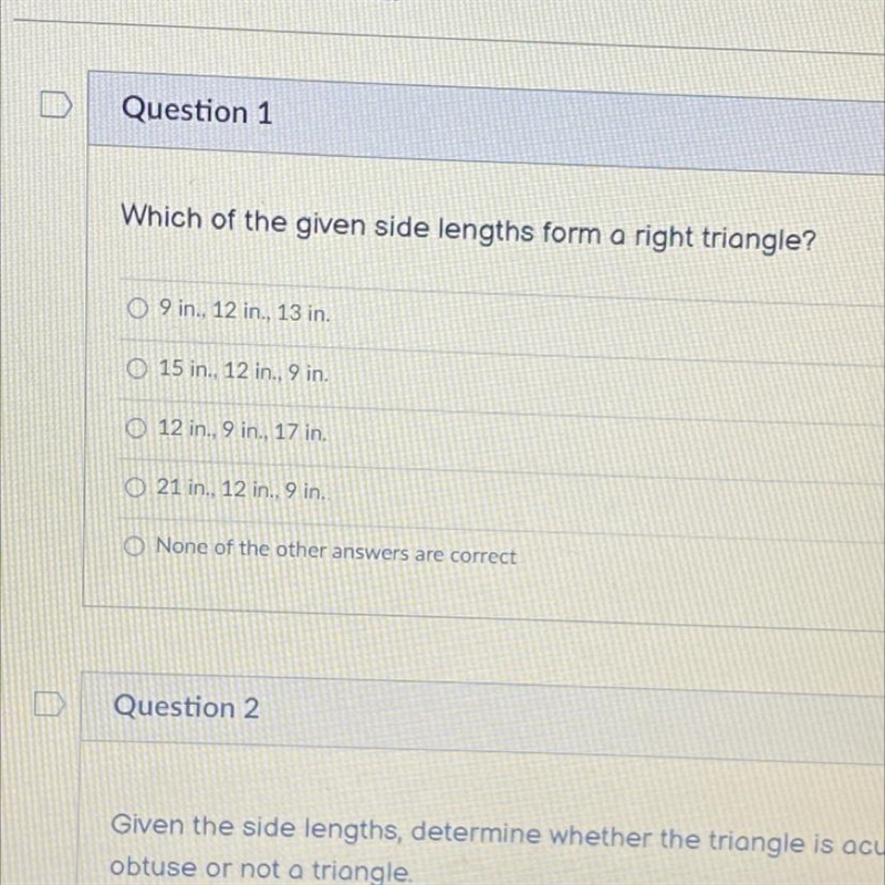 Can someone help me again:( Which of the given side length form a right triangle?-example-1