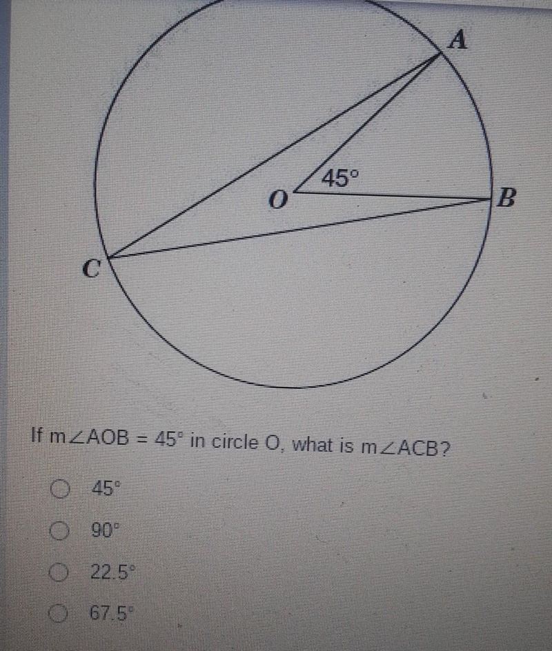 4. if m<AOB = 45° in circle O, what is m<ABC​-example-1