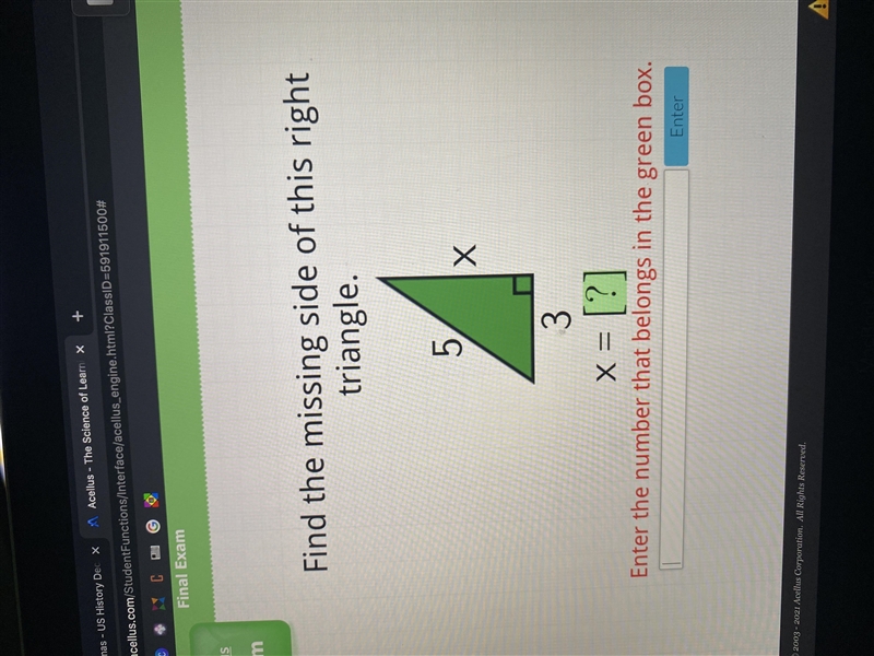 Find the missing side of this right triangle.-example-1