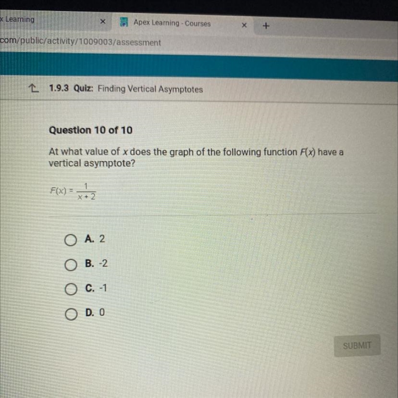 At what value of x does the graph of the following function F(x) have a vertical asymptote-example-1