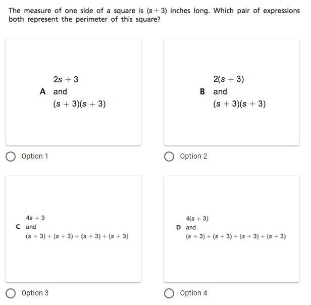 The measure of one side of a square is (s+3) inches long. which pair of expressions-example-1