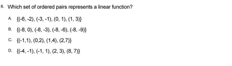 Which Set of Ordered Pairs Represent a linear function? DUE BY MIDNIGHT-example-1