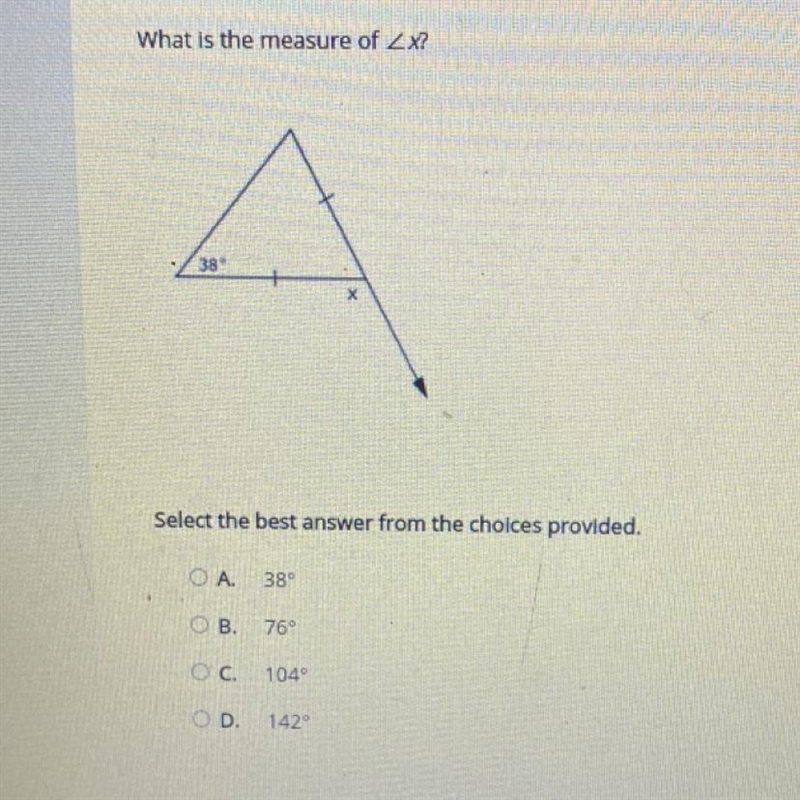 What is the measure of ZX? Select the best answer from the choices provided. A.38° B-example-1