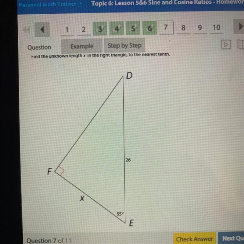 Find the unknown length x in the right triangle, to the nearest tenth. D 26 F Х 55 E-example-1