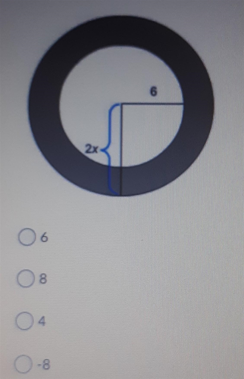 In the diagram, the radius of the outer circle is 2x em and the radius of the inside-example-1