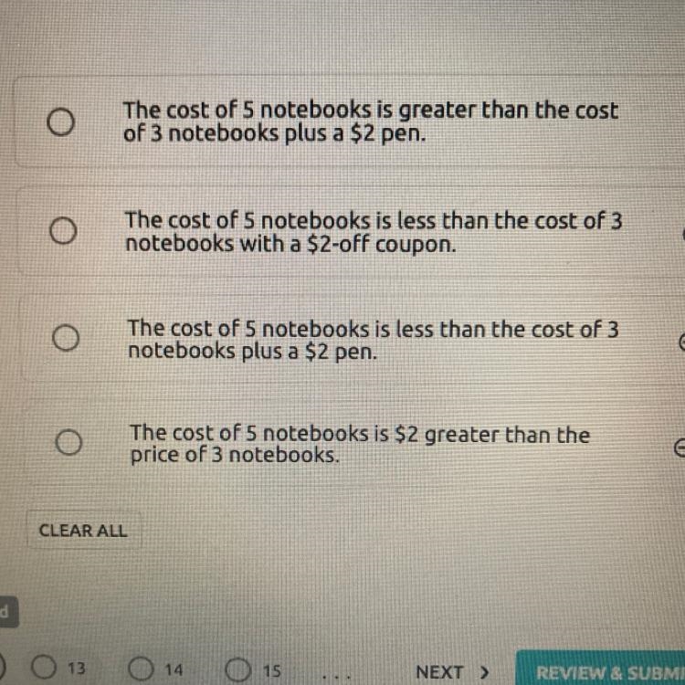 12. At a store each notebook has a cost of x dollars. Which situation can be represented-example-1