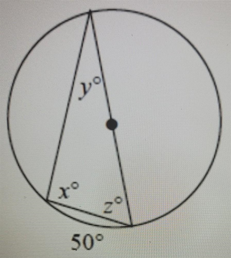 Use the given circle to find the values of x, y and z​-example-1