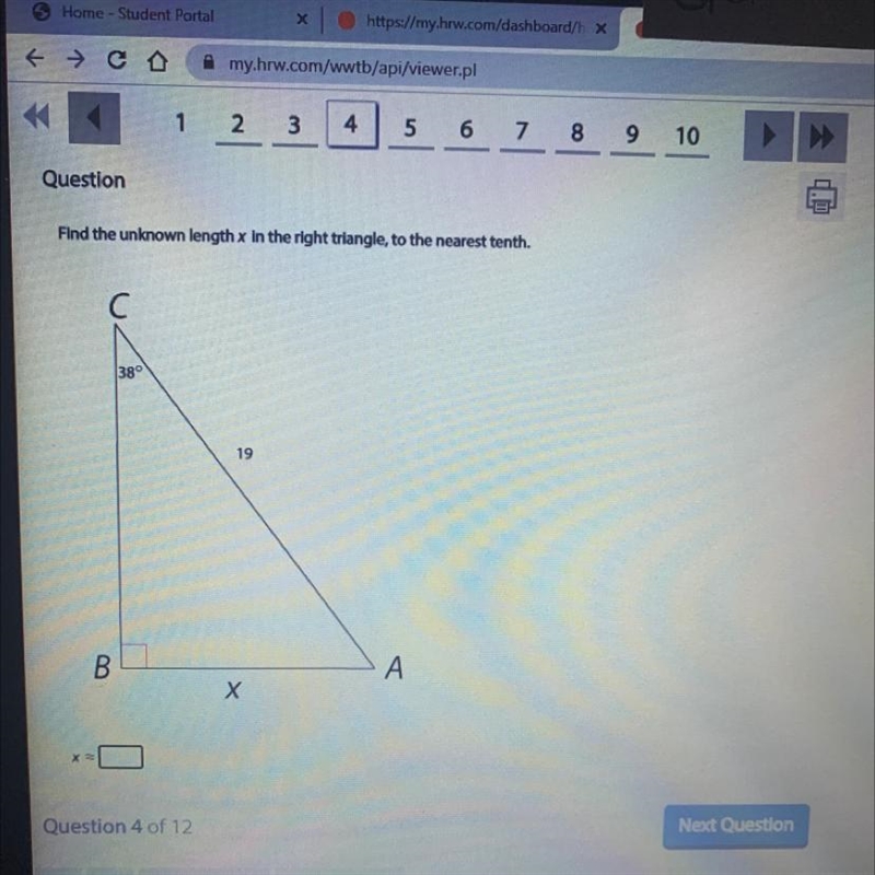 Find the unknown length x in the right triangle, to the nearest tenth .-example-1