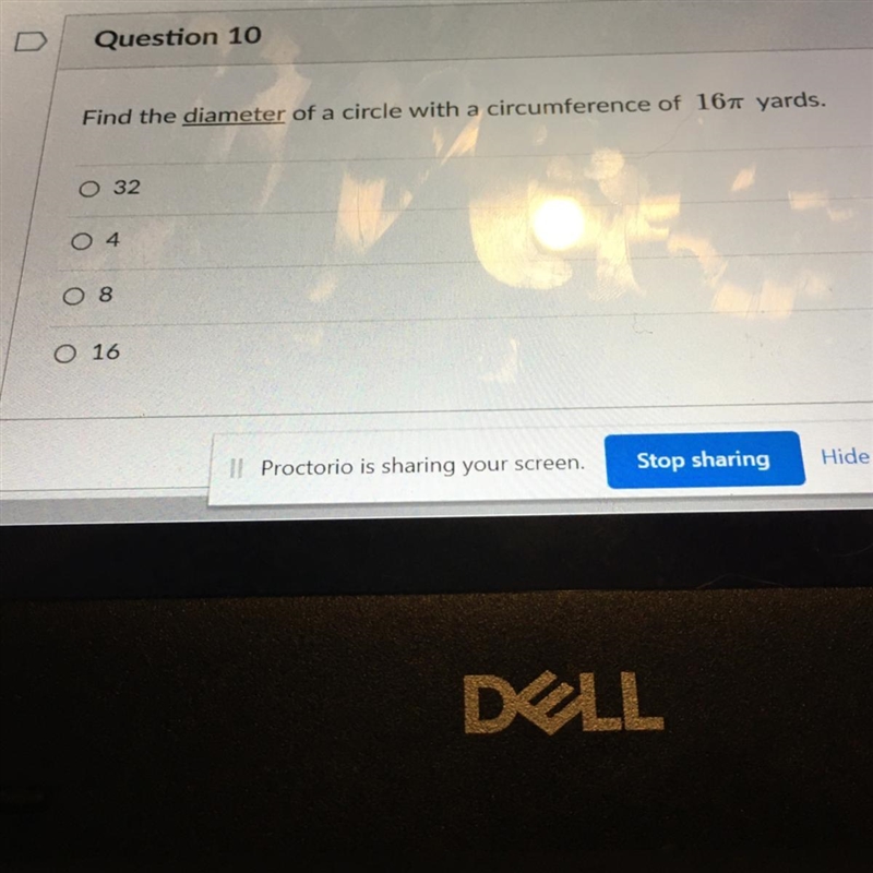 Find the diameter of a circle with a circumference of 167 yards. 32 4 8. O 16 HELP-example-1