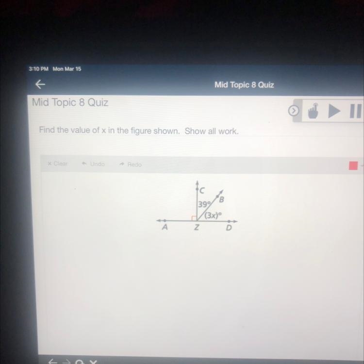 Find the value of x in the figure shown. Show all work.-example-1