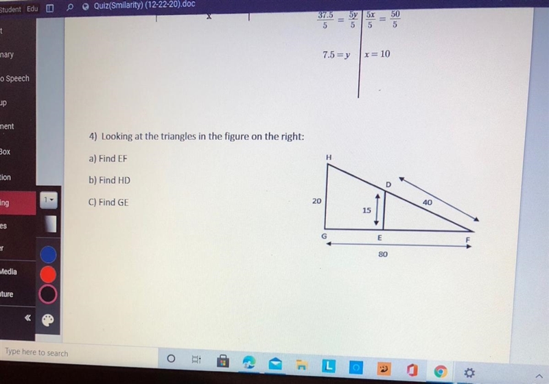 Looking at the triangles in the figure on the right: a) find EF b) Find HD c) find-example-1