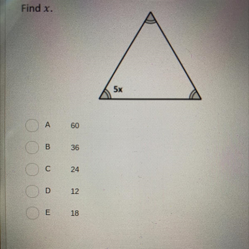 Find x. A: 60 B: 36 C: 24 D: 12 E: 18-example-1