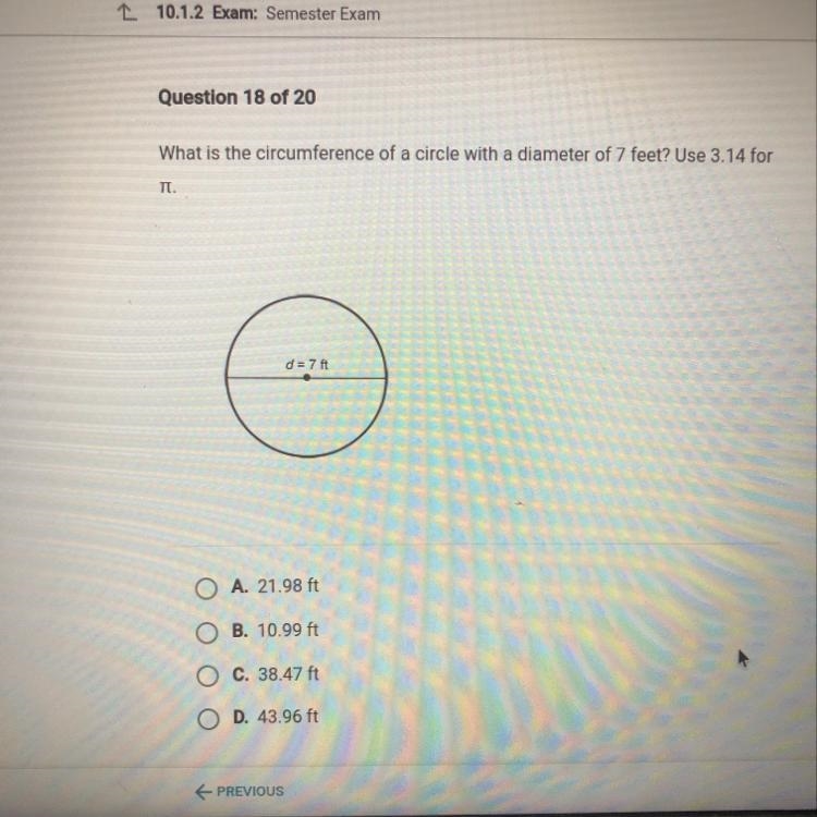 What is the circumference of a circle with a diameter of 7 feet? Use 3.14 for TI-example-1