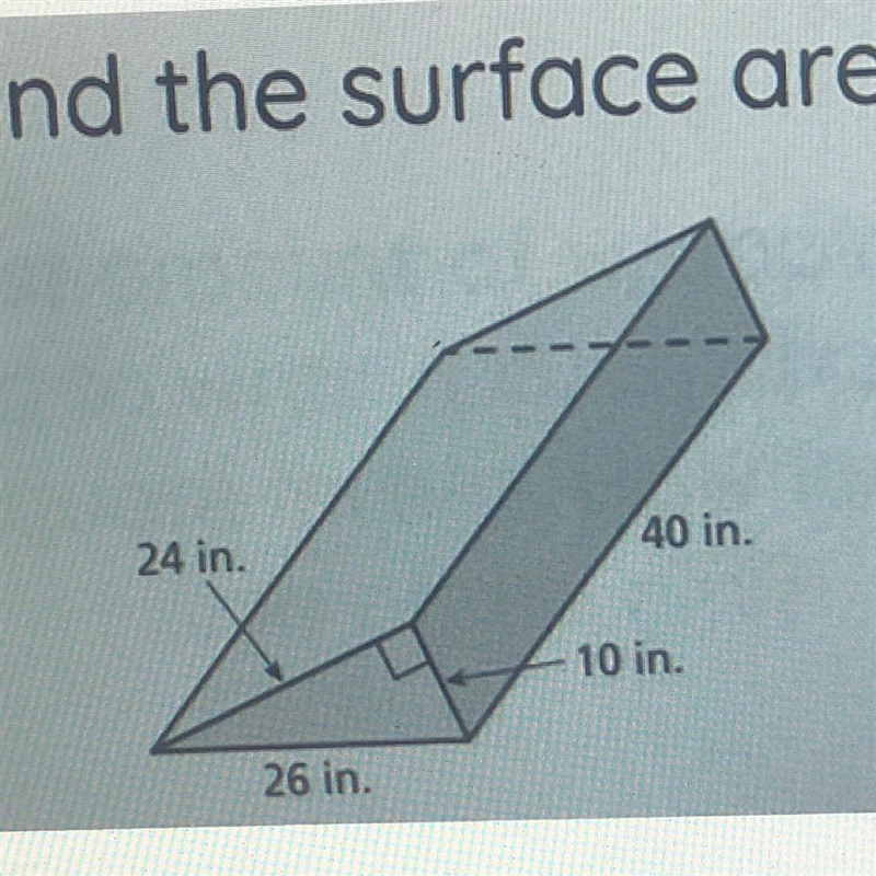 Find the surface area. 24 in. 40 in. 10 in. 26 in.-example-1