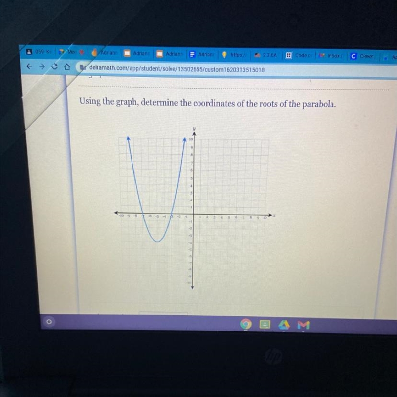 Using the graph, determine the coordinates of the roots of the parabola.-example-1