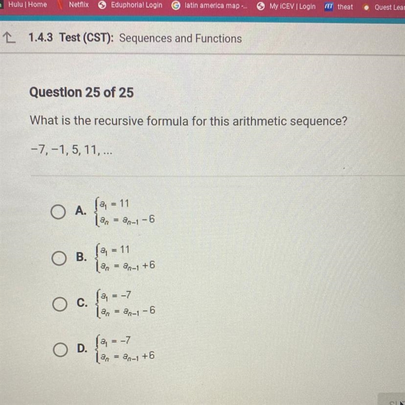 What is the recursive formula for this arithmetic sequence? -7,-1,5, 11, ...-example-1