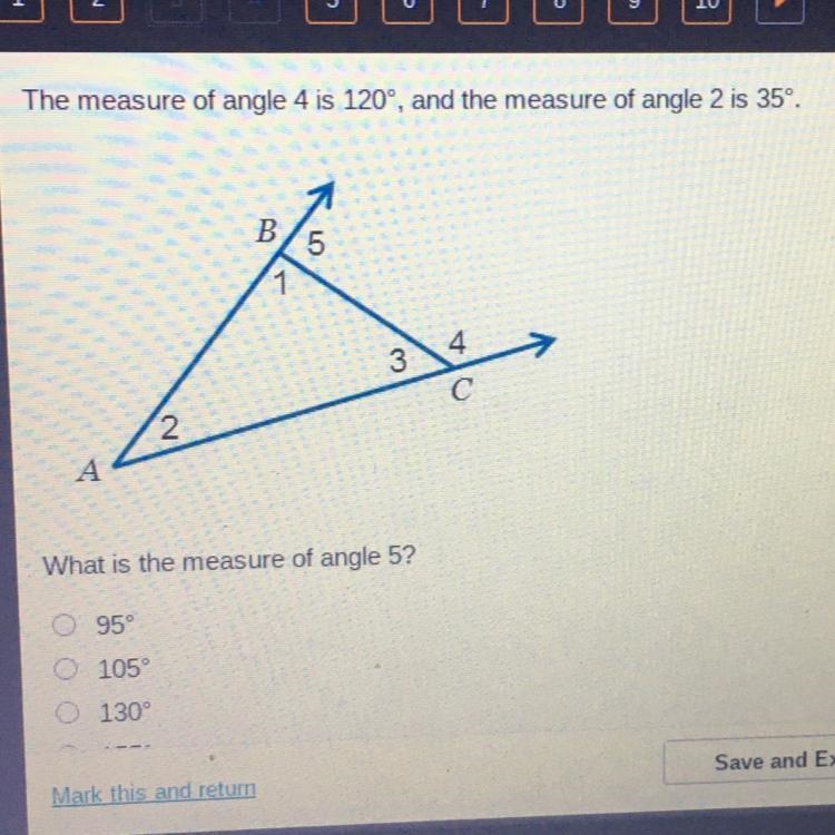 The measure of angle 4 is 120°, and the measure of angle 2 is 35º. B 5 4 3 с 2 A What-example-1