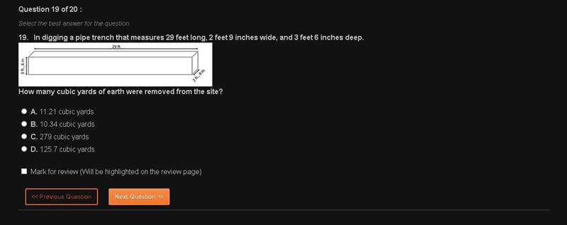 In digging a pipe trench that measures 29 feet long, 2 feet 9 inches wide, and 3 feet-example-1