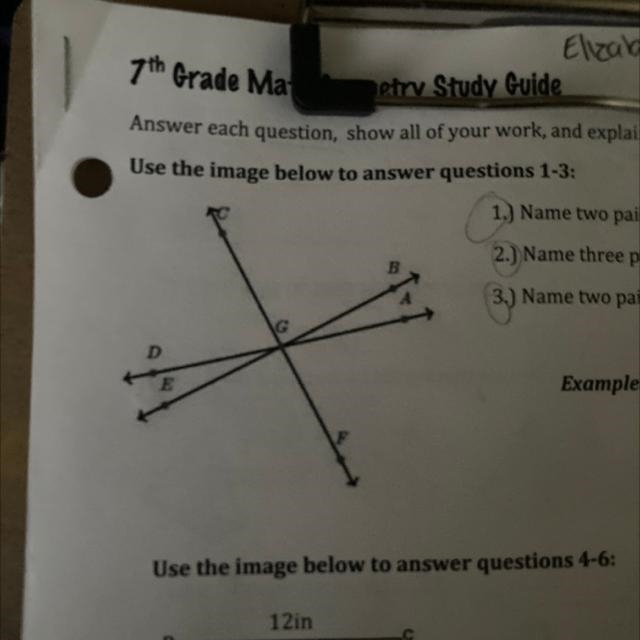 1.) Name two pairs of adjacent angles-example-1