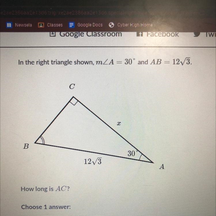 In the right triangle shown, m A = 30° and AB = 12V3. х B 30 123 A How long is AC-example-1