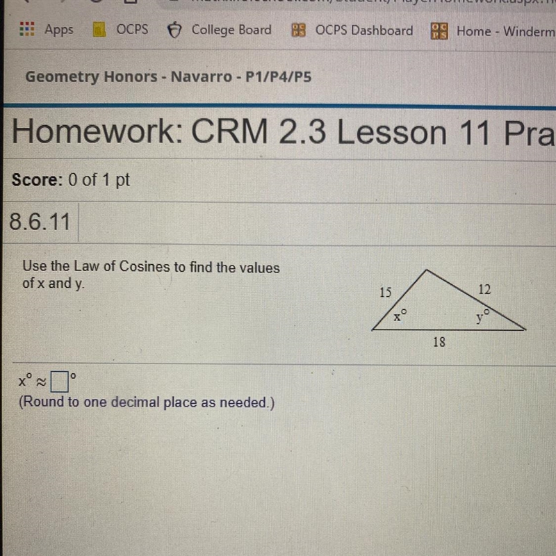 Use the Law of Cosines to find the values of x and y.-example-1