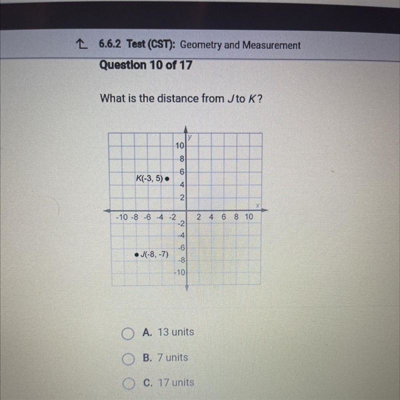 What is the distance from Jto K? 10 8 6 K(-3, 5) • - 10 -8 -6 4 2 2 4 6 8 10 -4 -6 • (-8, -7) -8 -10-example-1