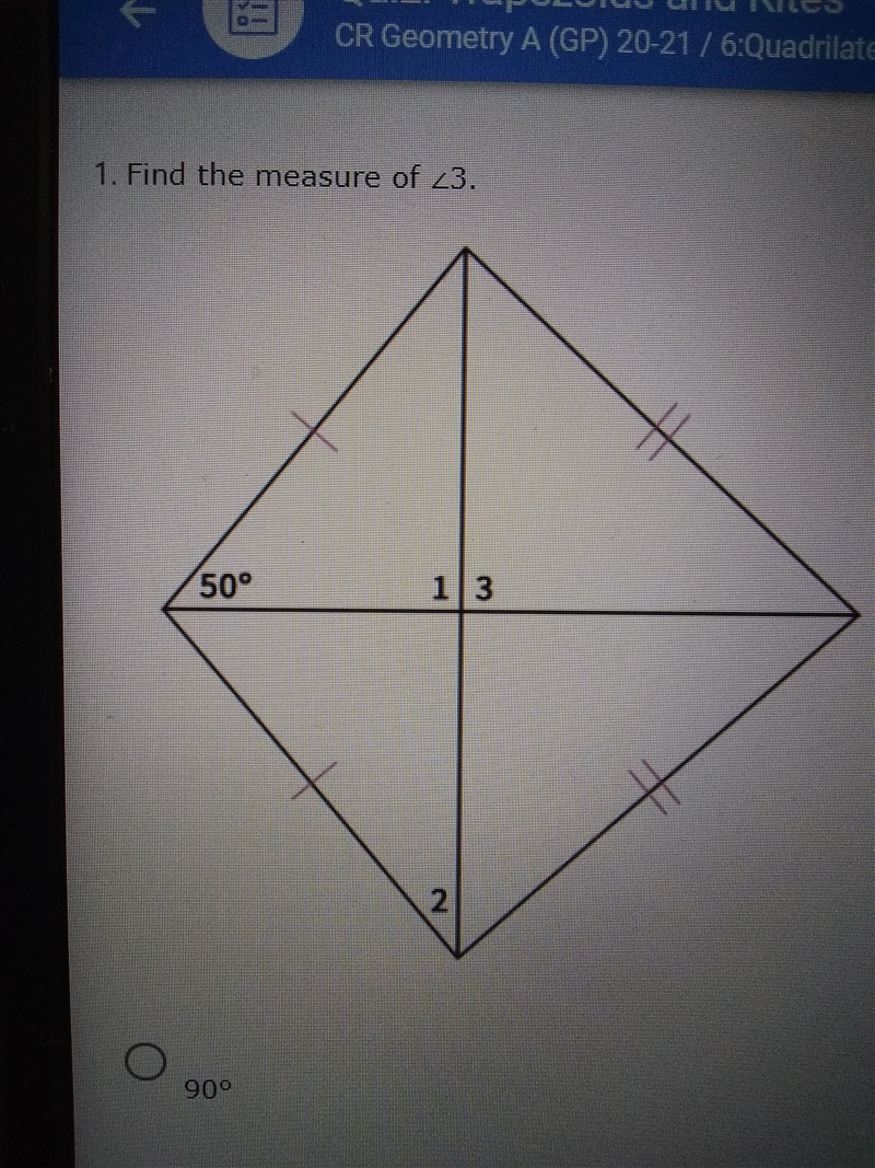 Please Help!! Find the measure of ∠3. 90° 130° 50° 40°-example-1