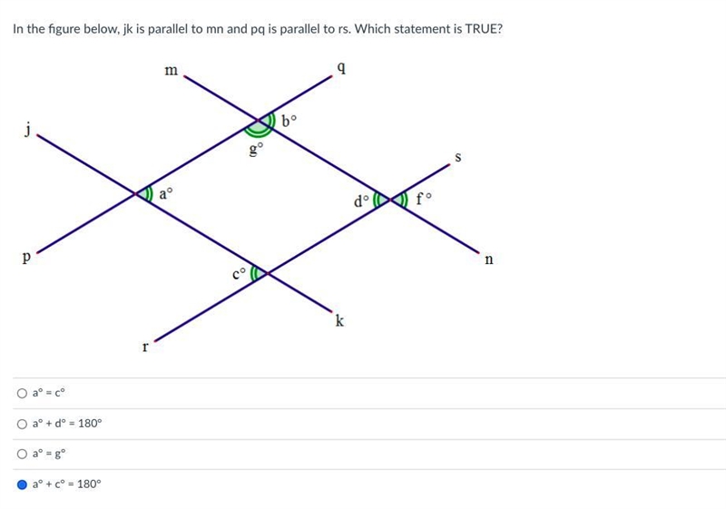 1. In the figure below, jk is parallel to mn and pq is parallel to rs. Which statement-example-1