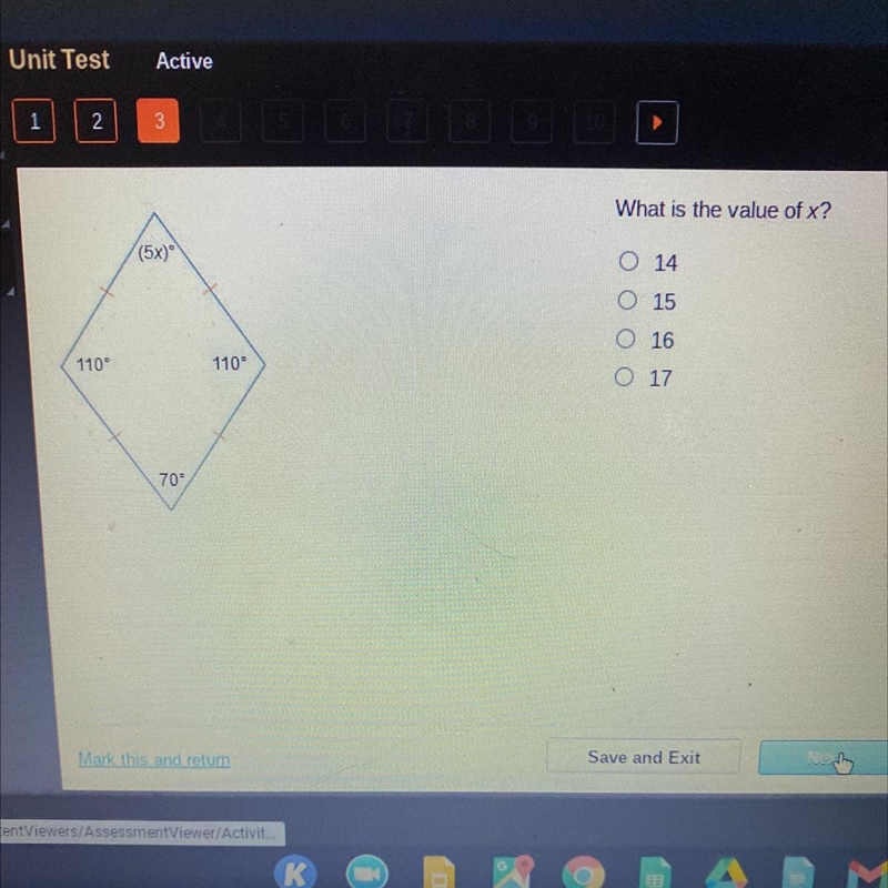 What is the value of x? o 14 o 15 0 16 0 17-example-1