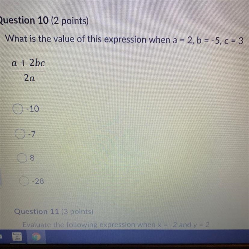 What is the value of this expression when a = 2, b = -5, C = 3 a + 2bc ————- 2a-example-1