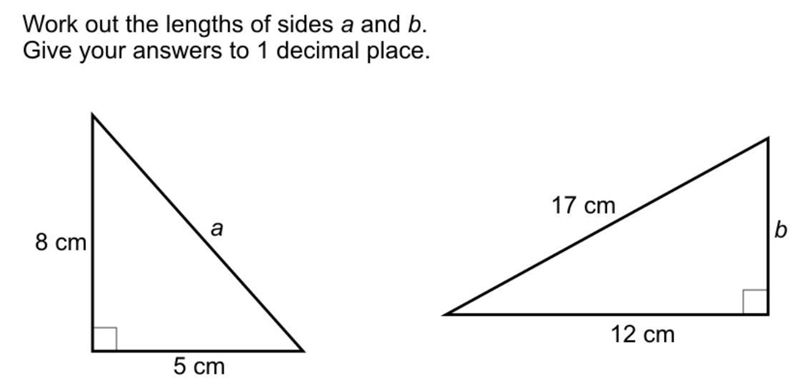 Work out the lengths of sides a and b. Give your answers to 1 decimal place.-example-1