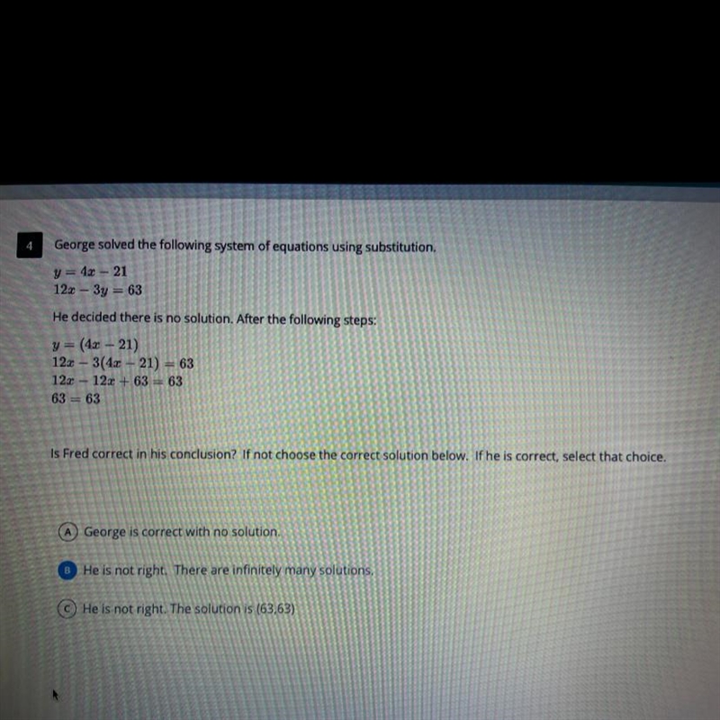 George solved the following system of equations using substitution. y = 4.3 – 21 12x-example-1