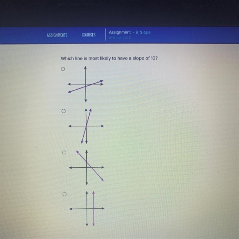 PLEASE PLEASE HELP! :( Which line is most likely to have a slope of 10? 一一一-example-1