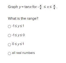 URGENT PLZ HELP: Graph y = tanx for -pi/4 ≤ x ≤ x/4. What is the range?-example-1