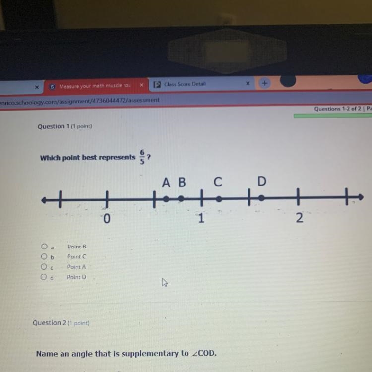 Help me!! Which point best represents 6/5? A point B B point C C point A D point D-example-1