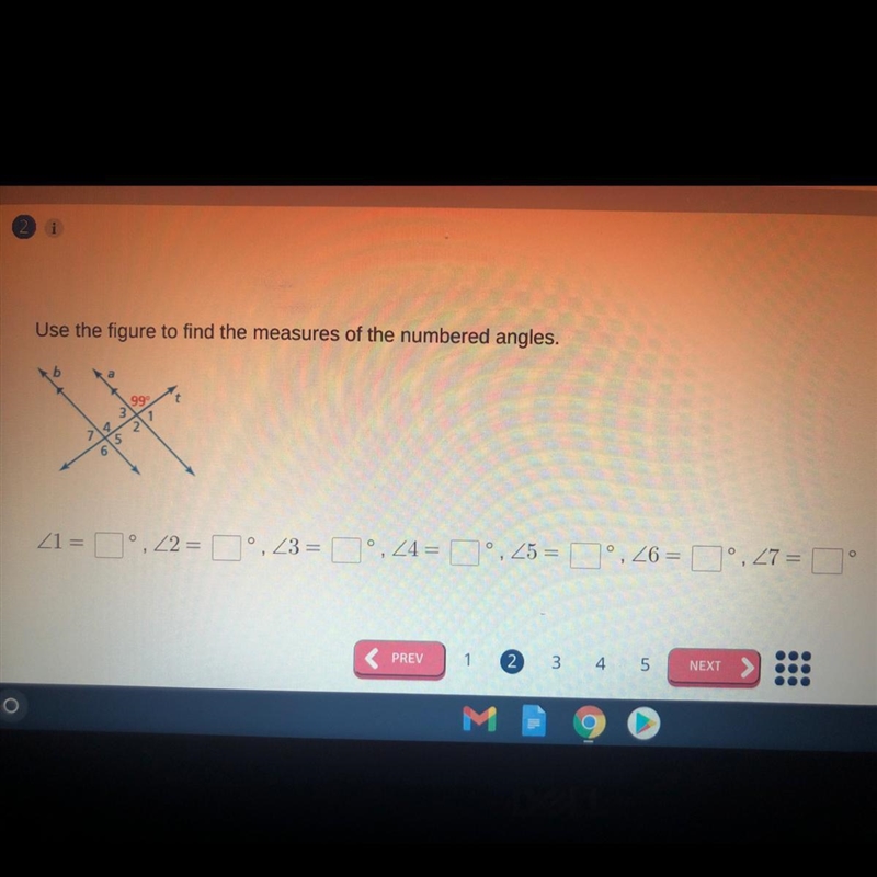 Use the figure to find the measures of the numbered angles, 21 = 7,225,23,24= 0,25 = 0,6 = 9,27= PREV-example-1