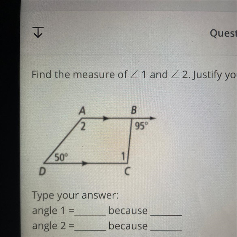 Find the measure of angle 1 and angle 2. justify your answer-example-1