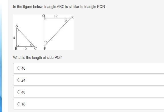 In the figure below, triangle ABC is similar to triangle PQR: A right triangle ABC-example-1