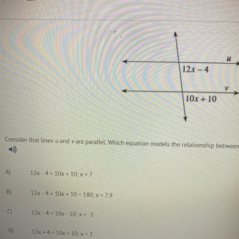 Consider that lines u and vare parallel. Which equation models the relationship between-example-1