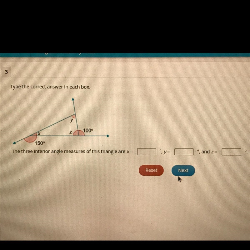 The three interior angle measures of this triangle are x= ___, y= ___, and z= ___.-example-1