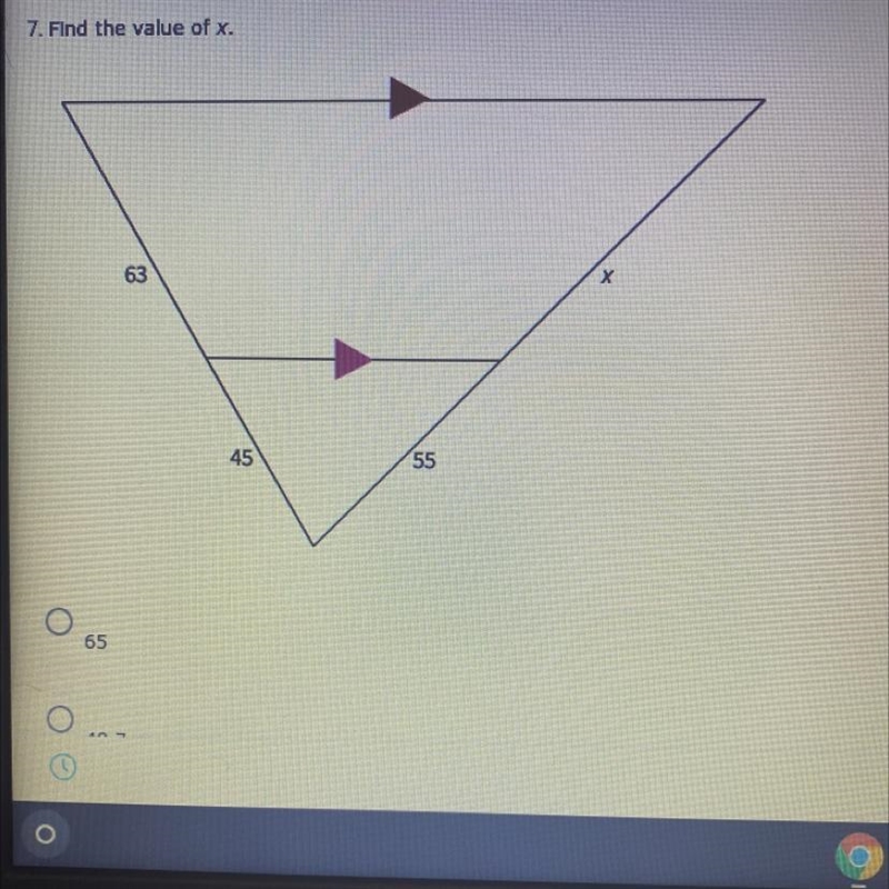 Find the value of x a. 65 b. 48.7 c. 77 d. 39.3-example-1