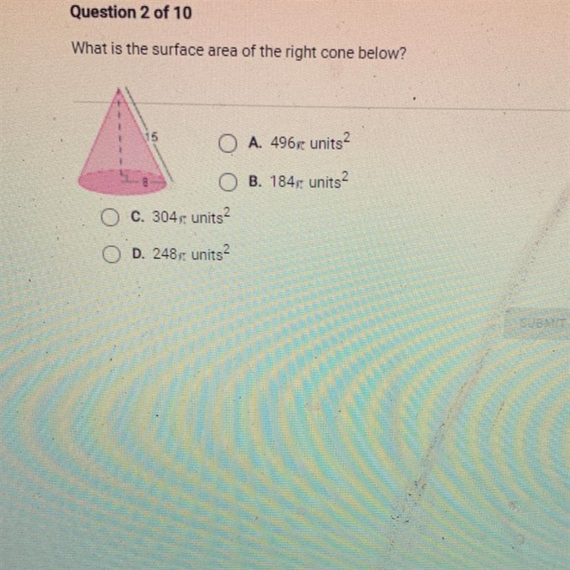 What is the surface area of the right cone below? 15 A. 496r units2 B. 184r units-example-1