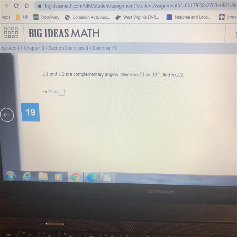 21 and 2 are complementary angles. Given m_1 = 190, And m 2-example-1