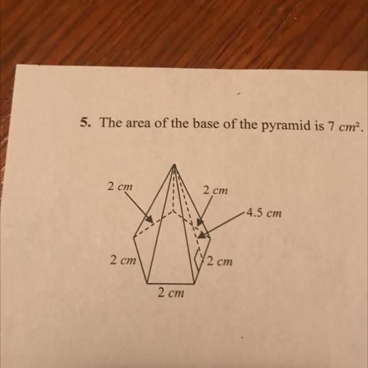 The area of the base is 7 cm. What is the surface area of the pyramid?-example-1